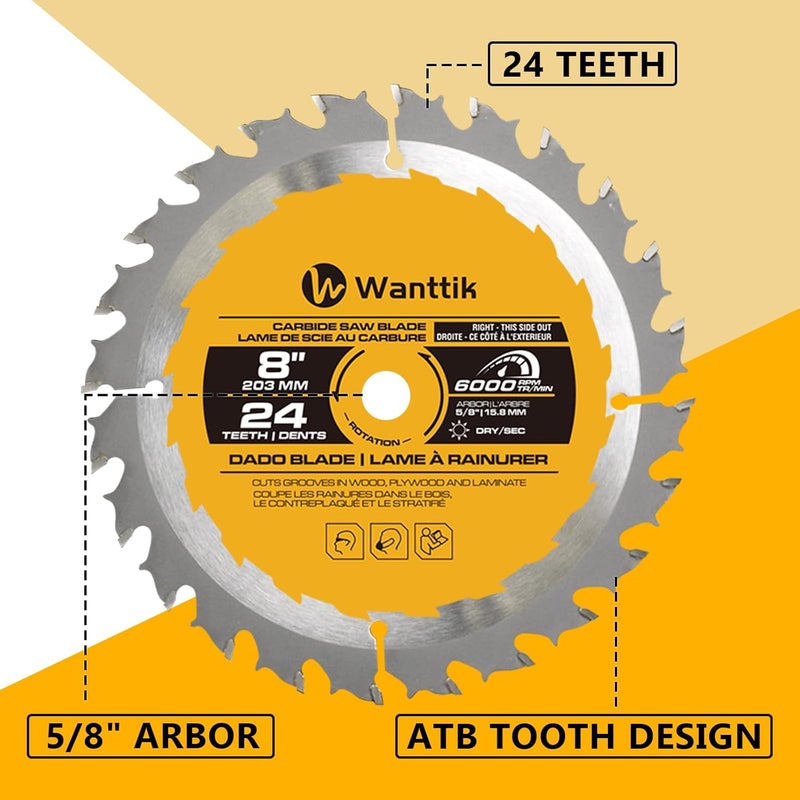 WANTTIK Dado Blade Set, 8 Inch Stacking Dado Blade, 24-Tooth with 5/8-Inch Bore - 23 Pieces for Cutting Various Wood, Plastic and Composite Materials - Image 2